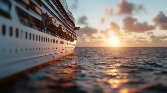 A large cruise ship floats peacefully on the calm ocean waters during a stunning sunset, symbolizing travel, relaxation, and the serene beauty of the sea. - Powered by Adobe