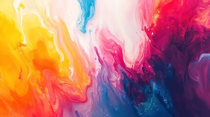 Fototapeta premium Abstract background of colorful liquid paint swirls with vibrant yellow, red, blue, and purple tones.