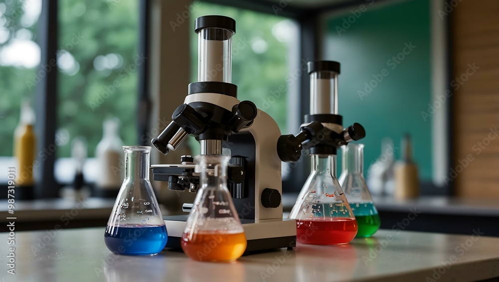 Poster a lab setup includes a microscope and colorful beakers for education.