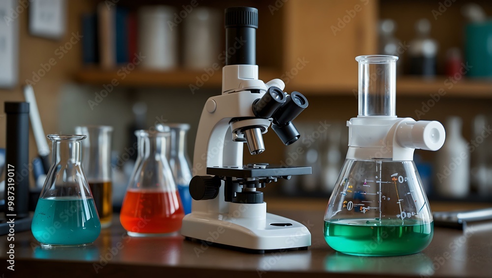 Poster a lab setup includes a microscope and colorful beakers for education.
