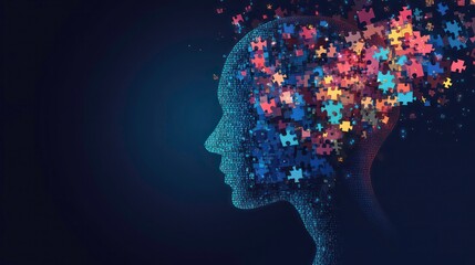 Digital human head made of puzzle pieces, the pieces are flying away.