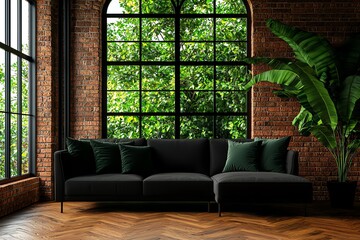 Stylish living room with green sofa, indoor plant, and large window with garden view, brick wall, wooden floor.