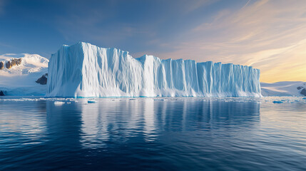 The light that shines off the enormous glacier hits the water, creating a beautiful emerald green color on the water's surface, and small chunks of ice melting below.