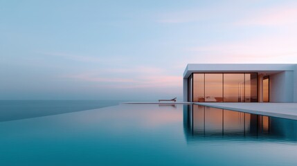 A stunning modern seaside villa with sleek design, large glass windows, and an elegant infinity pool overlooking the tranquil ocean during a beautiful sunset.