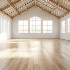 Obraz premium Spacious empty room with large windows, wooden flooring, and high ceiling with natural light.