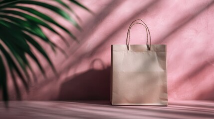 A brown paper bag placed against a pink wall with a sunny shadow of palm leaves, creating a stylish and tropical vibe, great for branding, marketing, or lifestyle designs.