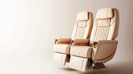 Fototapeta premium Two luxury airplane seats with beige upholstery, isolated on a light background.