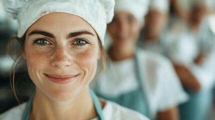 A close-up portrait of a happy female chef wearing a chef's hat and apron, highlighting her freckles and joyful expression, set in a culinary workspace.