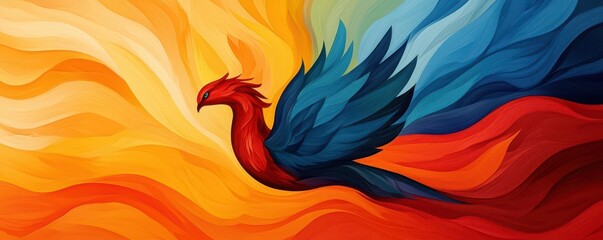 Obraz premium A multicolored phoenix rising from a sea of vibrant colors, symbolizing rebirth and the power of creative imagination