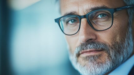 A mature man with glasses is captured in profile, deep in thought, reflecting contemplation and depth against a blurred background inducing introspection.