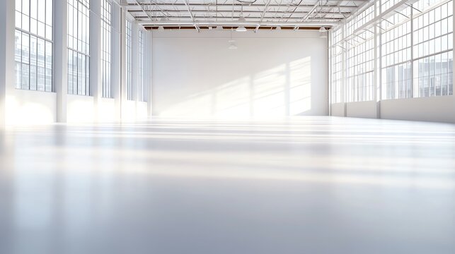 Large empty industrial space with ample natural light from windows, white isolated background