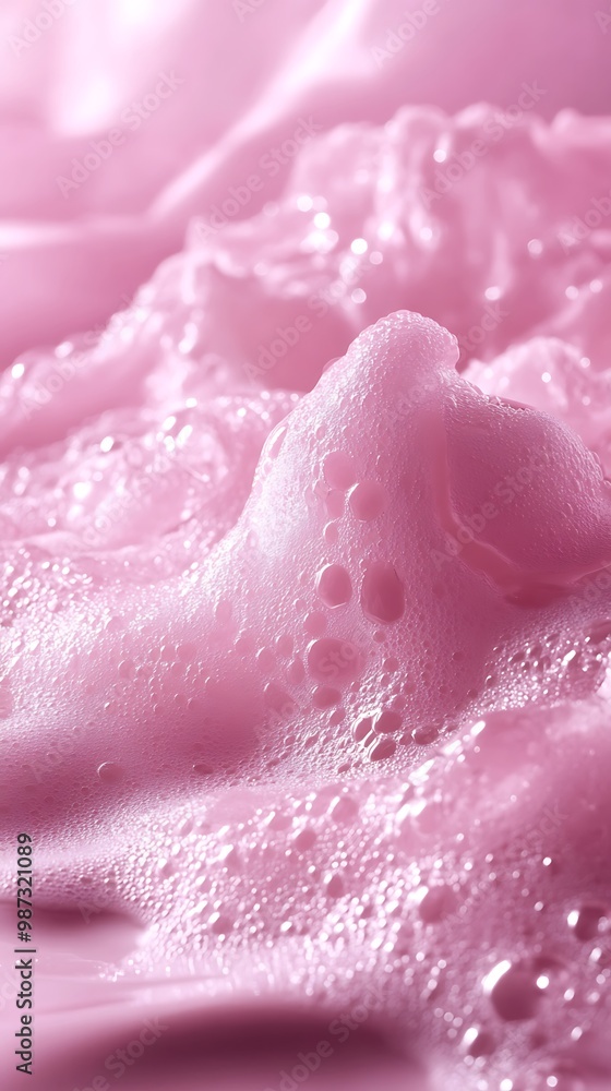 Poster close-up of soft pink foam bubbles with a smooth texture and a light pink background.
