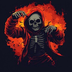 A dramatic illustration of a skeleton in a red hoodie, capturing an eerie and intense atmosphere with fiery background colors.