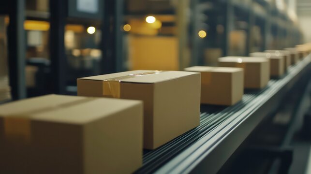 Close-up of cardboard boxes on a conveyor belt in a warehouse.