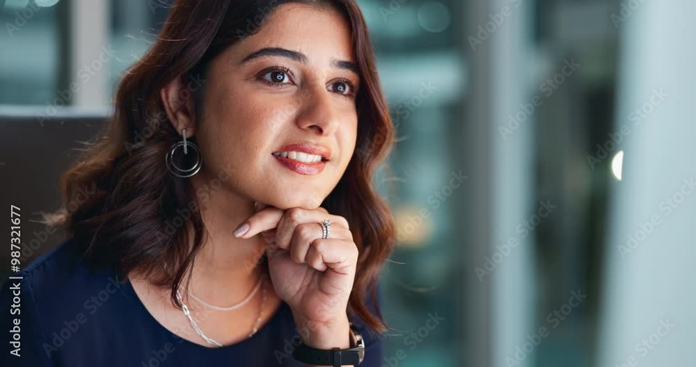 Aufkleber computer, reading and woman in office, smile and online for email, night and overtime for profession