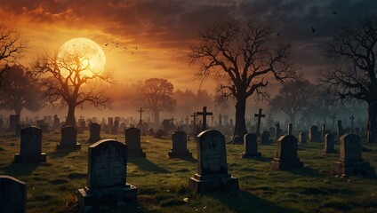 A mystical graveyard scene at sunset, perfect for Halloween themes.