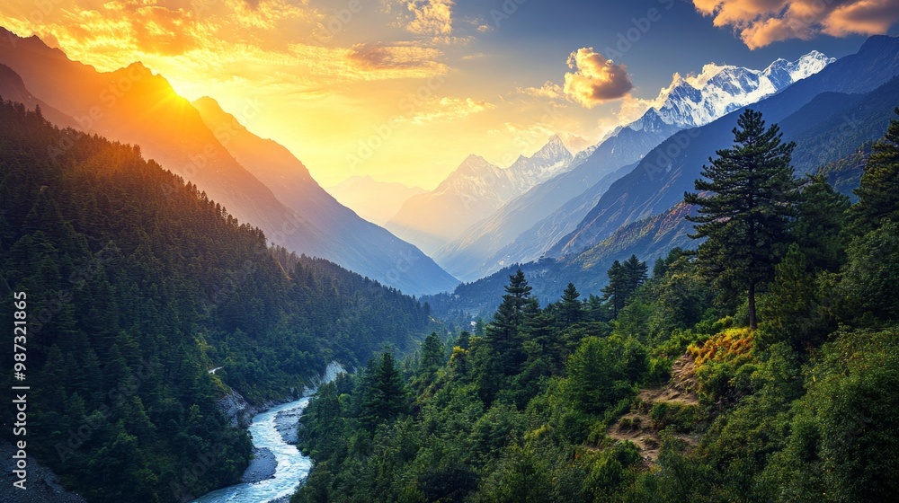 Poster a breathtaking view of a river winding through a valley in the himalayas, with snow-capped mountains