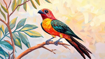 Primitive bird species evolving from dinosaurs, oil painting style, warm color palette, feather details highlighted by soft light