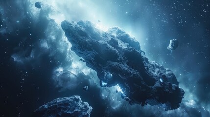 Obraz premium Realistic sci-fi space scene with asteroids and a huge hole in the planet's surface from asteroid impact.