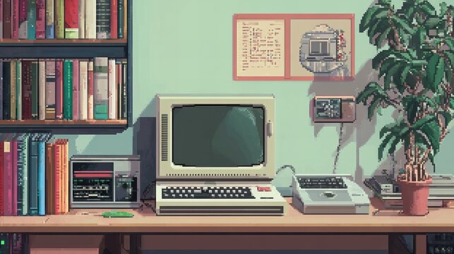pixelated picture of a retro computer, concept of 8bit digital 80s aesthetics