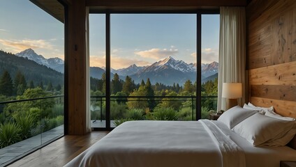 A serene bedroom overlooks lush greenery and mountains.