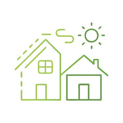 Two houses with a sun, moon, and energy connection representing renewable energy and sustainability