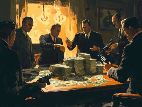 A mafia crime operation in progress, stacks of money and weapons on a table, with plans being discussed among the top lieutenants