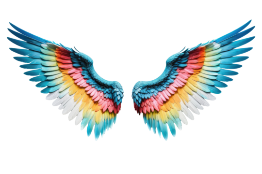 A single pair of angel devil wings spread in a full-body stance, exhibiting hues of pastel contrasted with vibrant colors, isolated with meticulous precision on a stark white background, high-quality