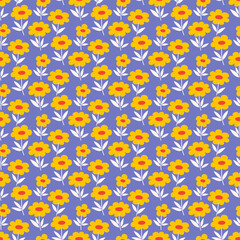 Floral seamless pattern with small yellow flowers and white leaves on a blue background. Vintage ditsy style fabric. Decorative print, vector illustration