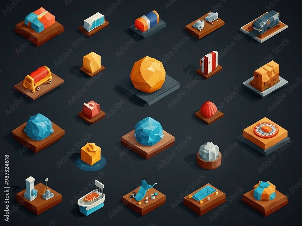Aufkleber a set of nine 3d isometric icons depicting various objects.
