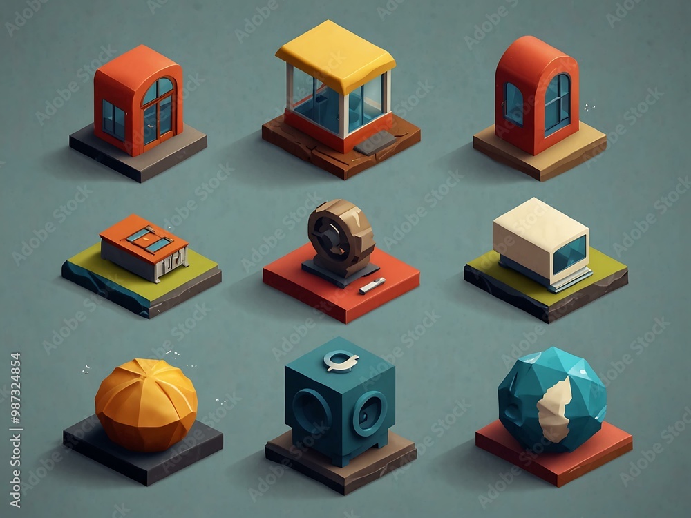 Poster a set of nine 3d isometric icons depicting various objects.