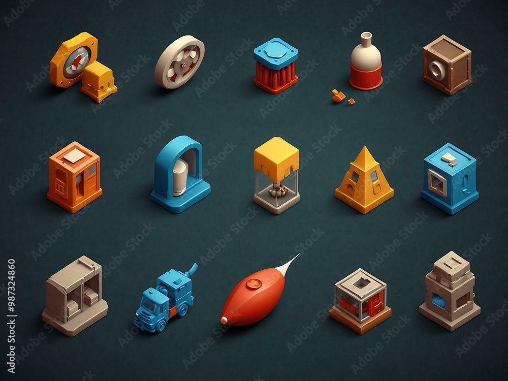 Poster a set of nine 3d isometric icons depicting various objects.