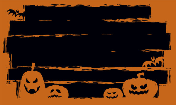 Grunge Halloween Pumpkins with Bats over Rotten Wood Panel Party Invitation Flyer Vector Landscape Background
