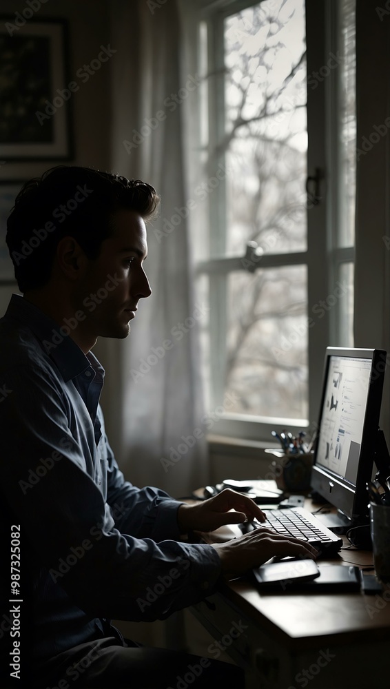 Wall mural A silhouette of a man at a computer in a home office.