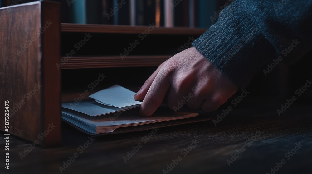 Poster hand hiding a note under a desk or inside a book, with the note partially visible.