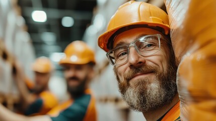 A man with glasses and a beard smiles warmly in a warehouse environment, exuding friendliness and approachability amidst professionalism and hard work.