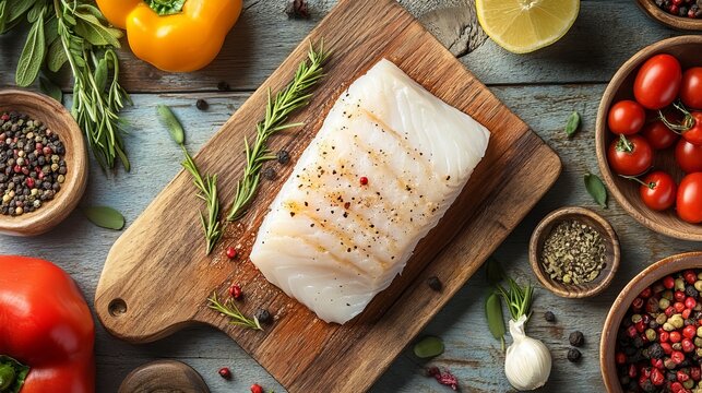 Cod with vegetables on a cutting board