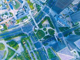Aerial view of Shanghai Downtown skyline, highway roads or street . Financial district and high-rise buildings