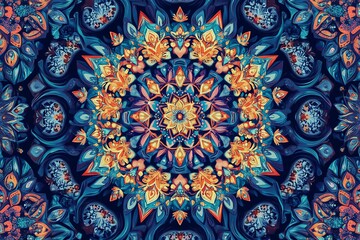 Intricate mandala artwork with vibrant colors and detailed symmetrical patterns, perfect for decorative purposes and creative designs.