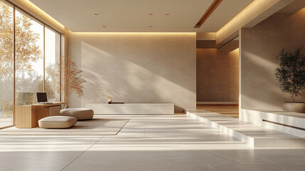 spacious modern interior featuring light walls, clean lines, and minimal clutter. warm sunlight creates serene atmosphere, enhancing natural elements like plants and wooden furniture