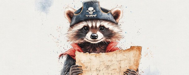Fototapeta premium Pirate raccoon holding a treasure map, isolated.