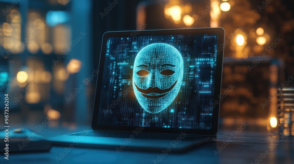 Poster digital device or computer screen with a mask or anonymity symbol over it