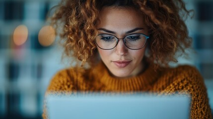 Engaged in laptop work, this curly-haired woman with glasses is enveloped in a quiet, focused ambiance, capturing the interplay of modern intellect and style.