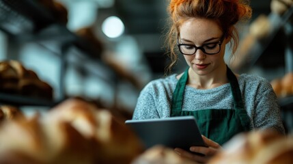 A focused female baker with glasses uses a tablet as she stands in a bakery filled with freshly baked bread, illustrating the blend of tradition and technology.