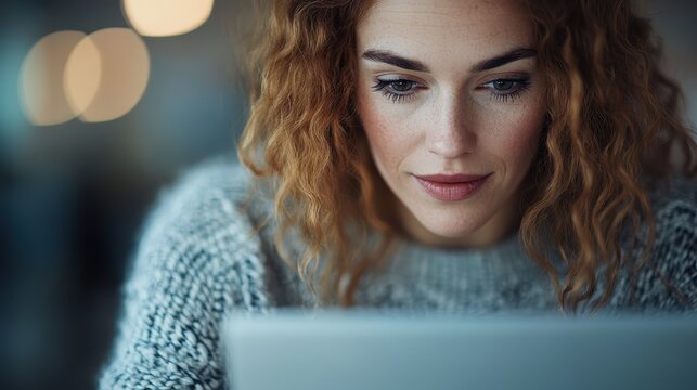 A woman with curly hair wearing a cozy sweater intently focuses on her work with a laptop, depicting concentration and dedication in a modern setting.