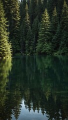 A tranquil lake surrounded by a dense forest.
