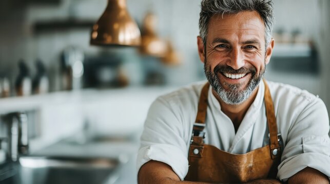 A smiling chef wearing an apron stands proudly in a modern kitchen, emanating positivity and enthusiasm for culinary arts and the joy of creating delicious meals.