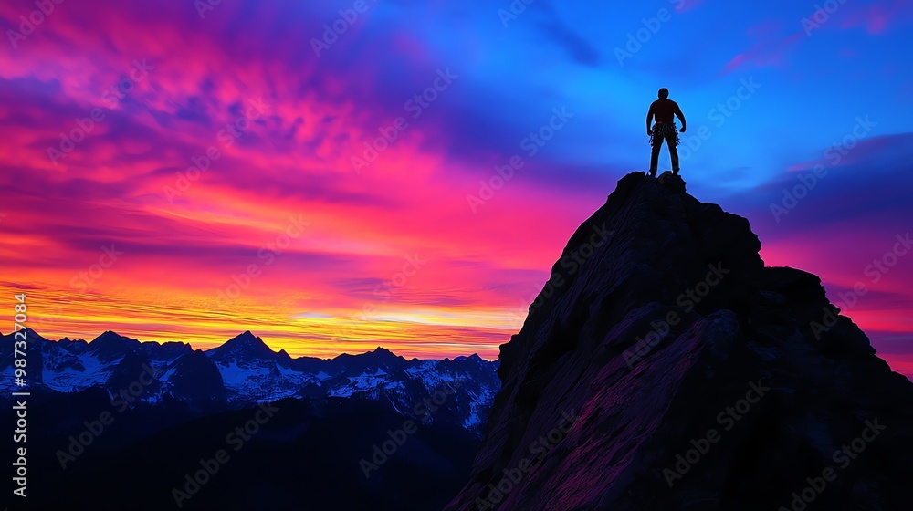 Wall mural A climber stands on a mountain peak, looking out at the vast landscape.