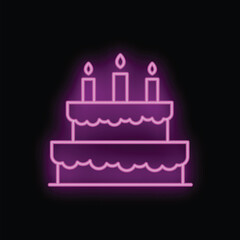 Neon light icon of a big birthday cake with three candles burning, isolated on black background