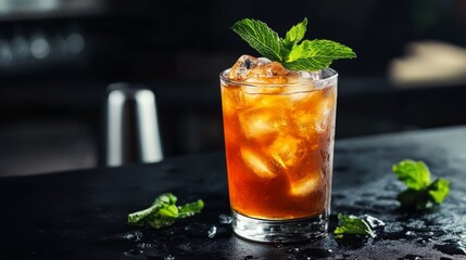 Iced tea with mint on black bar